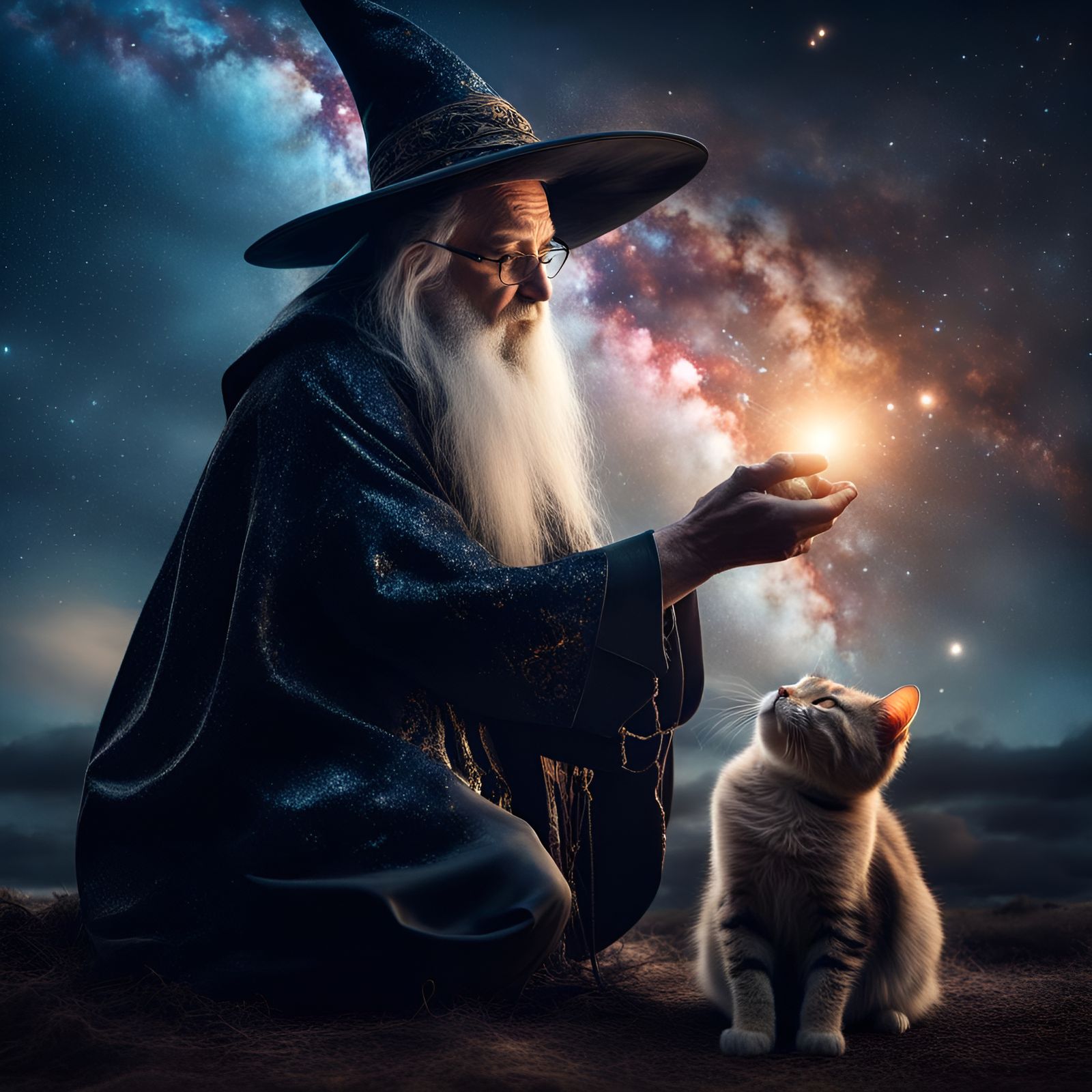 Wizard Casting Spell Under Galaxy, Hyperrealistic Digital Ar...