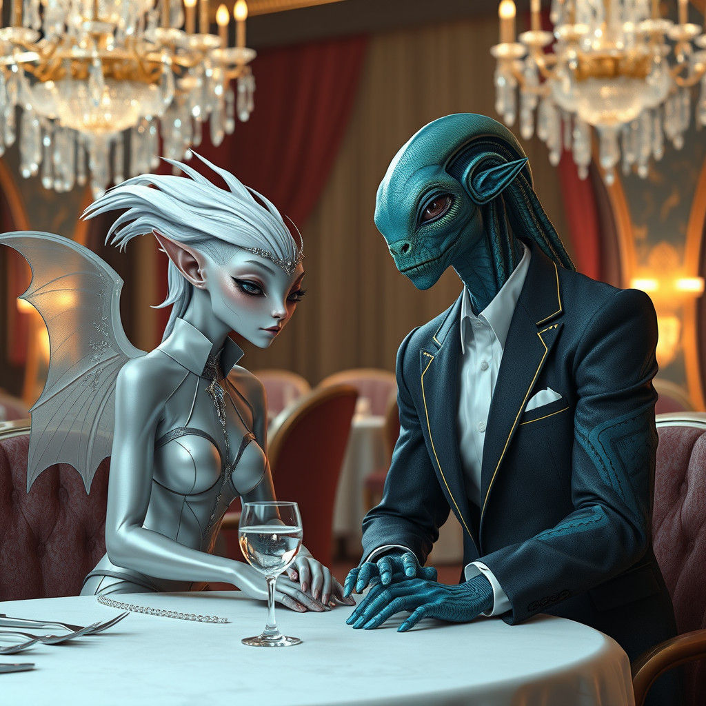 Elegant Aliens Dine in Futuristic Restaurant