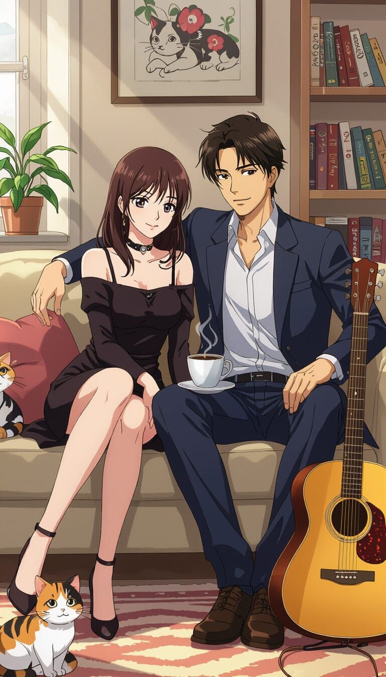 Stylish Couple Relaxing in Cozy Anime-Inspired Room