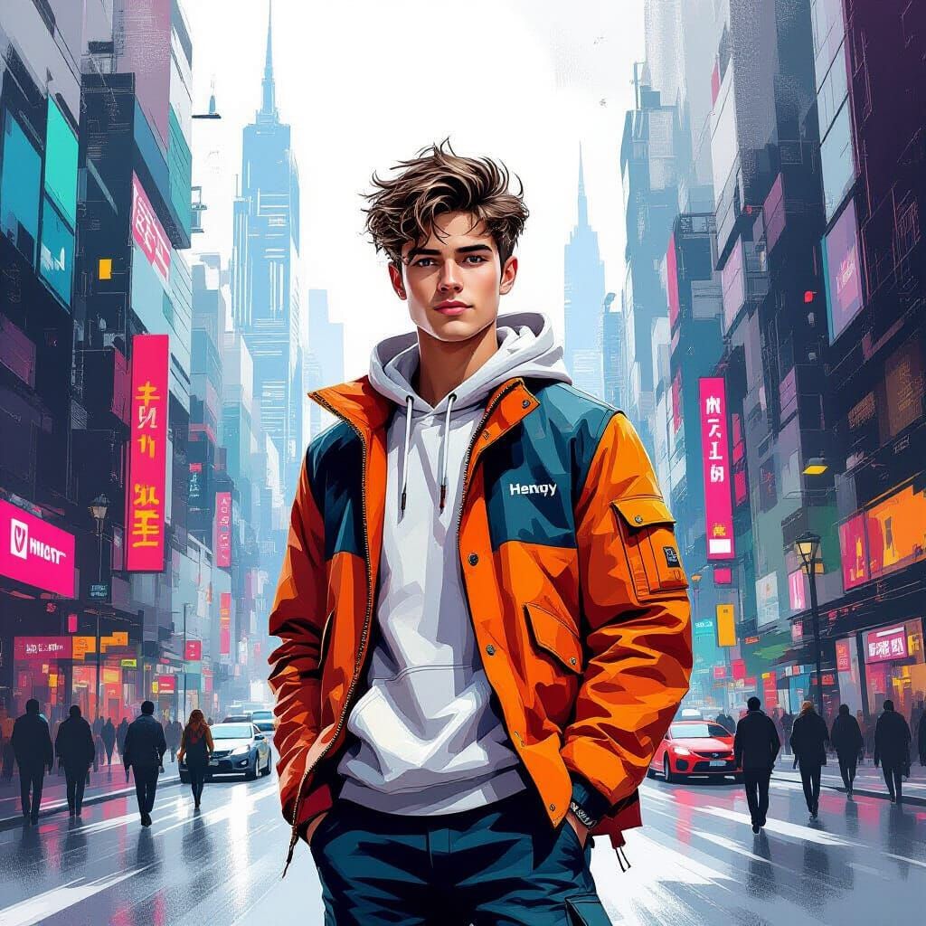Futuristic Young Man in Modern Cityscape