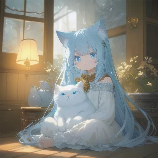 Fluffy White Cat in Cozy House: Fantasy Art