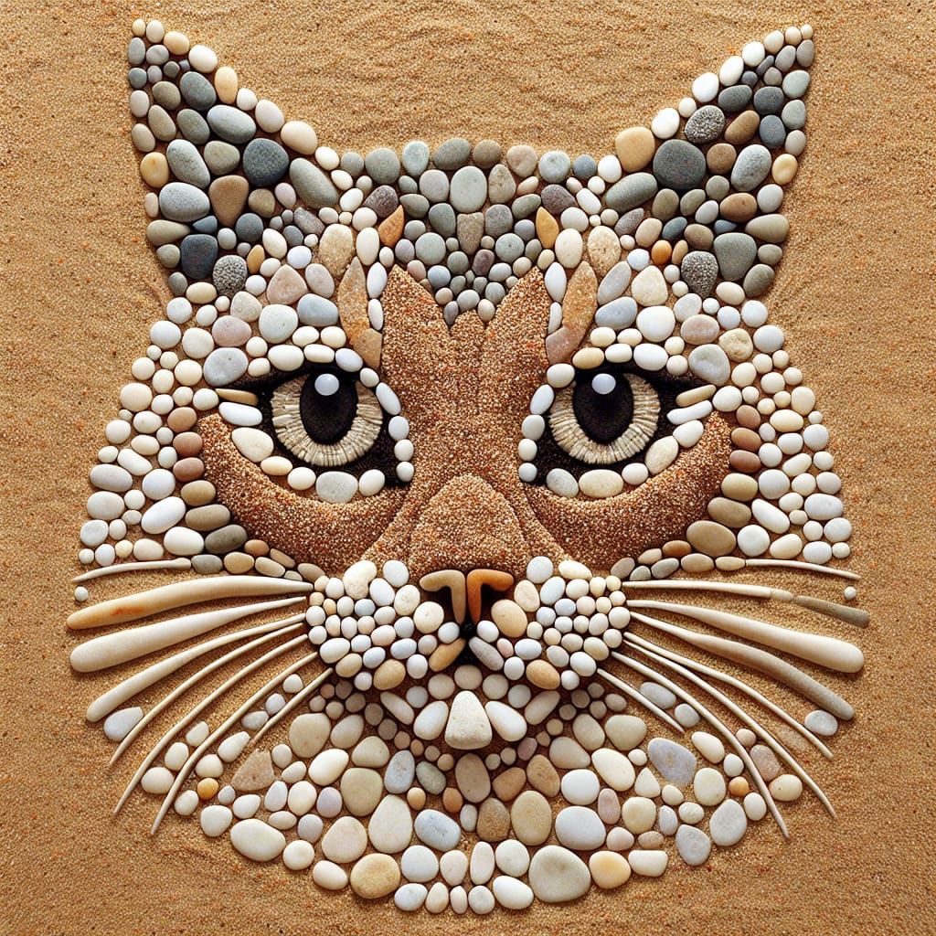 Stone Cat Face on Sand: A Harmonious Artwork
