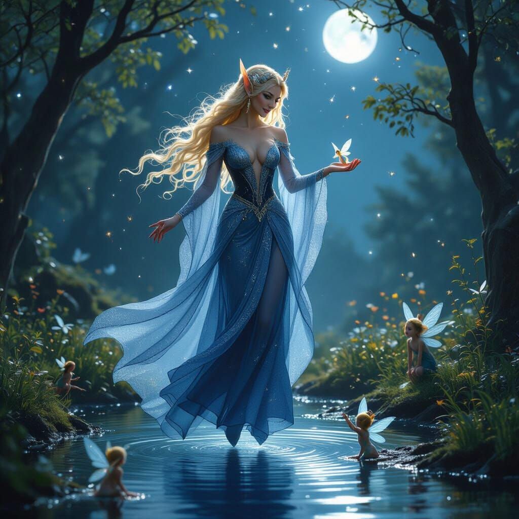 Enchanting Fairy Queen in Moonlit Forest Scene