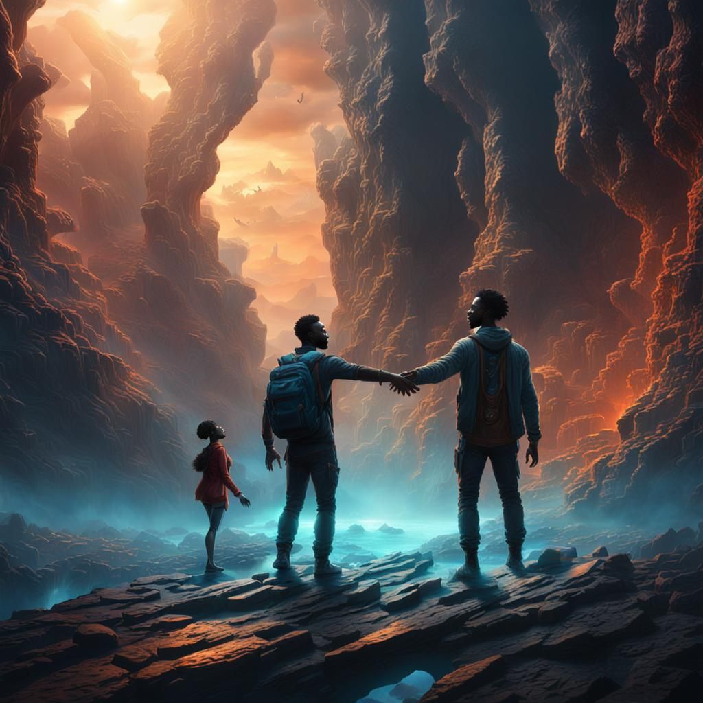 Black Couple Reach Across Abyss in Detailed Matte Painting