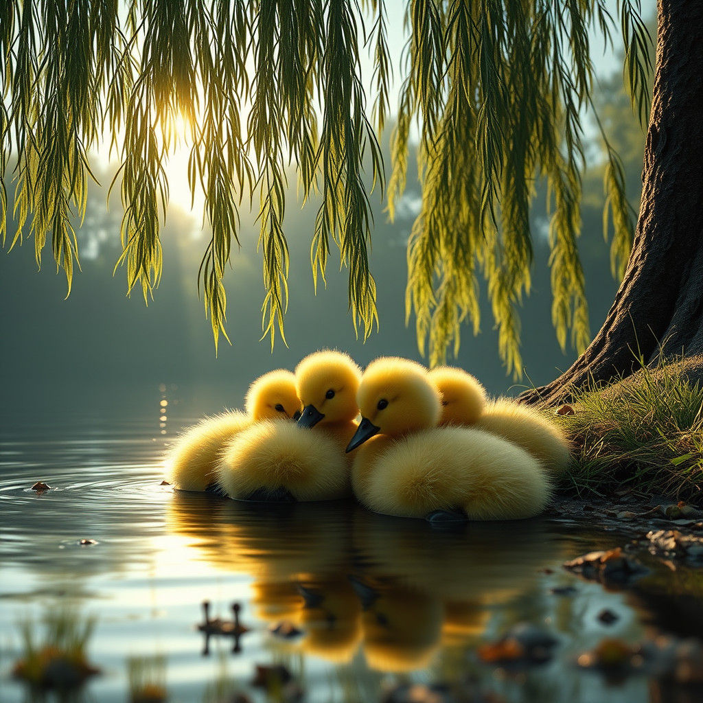 Cute Ducklings Under Willow Tree, Fantasy Art