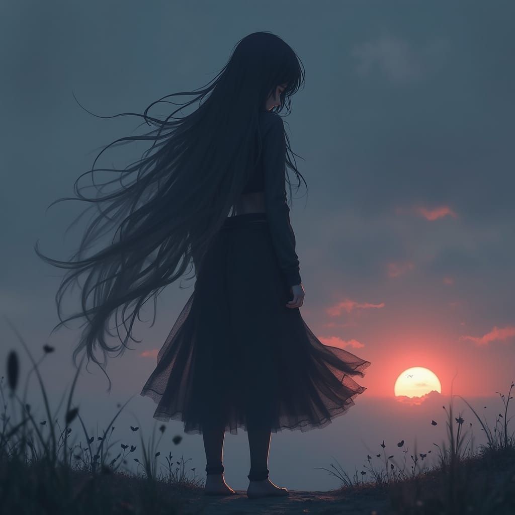 Hopeful Anime Figure in Somber Landscape