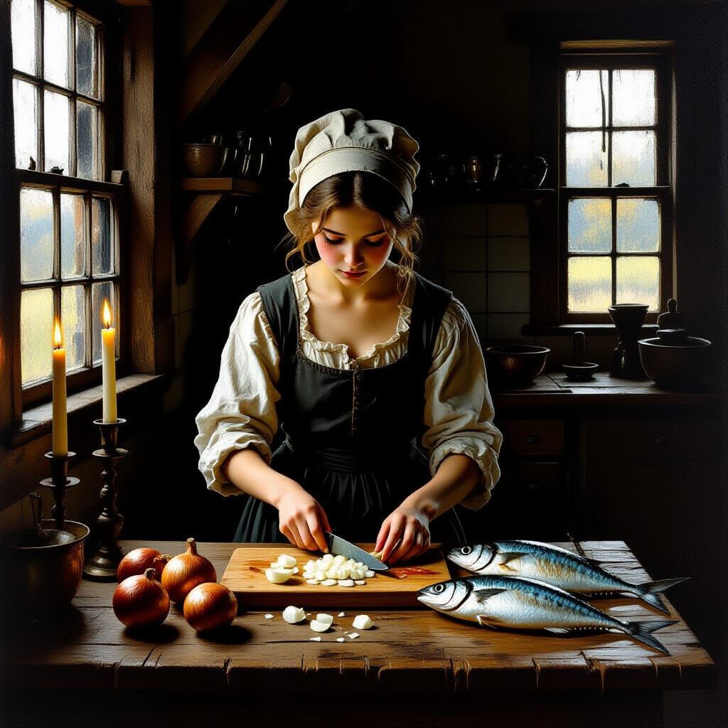 Victorian Girl Chops Onions in Candlelit Kitchen