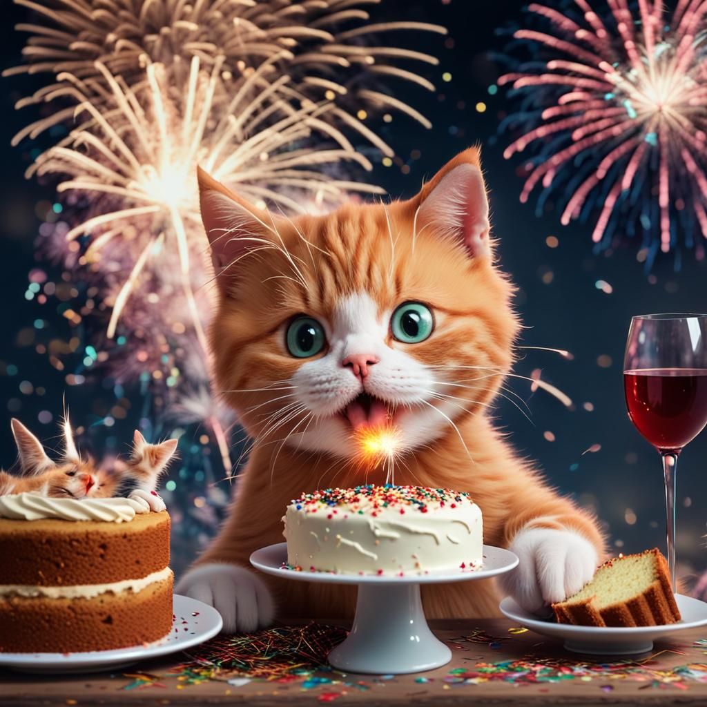 Ginger Cat Celebrates New Year with Fireworks
