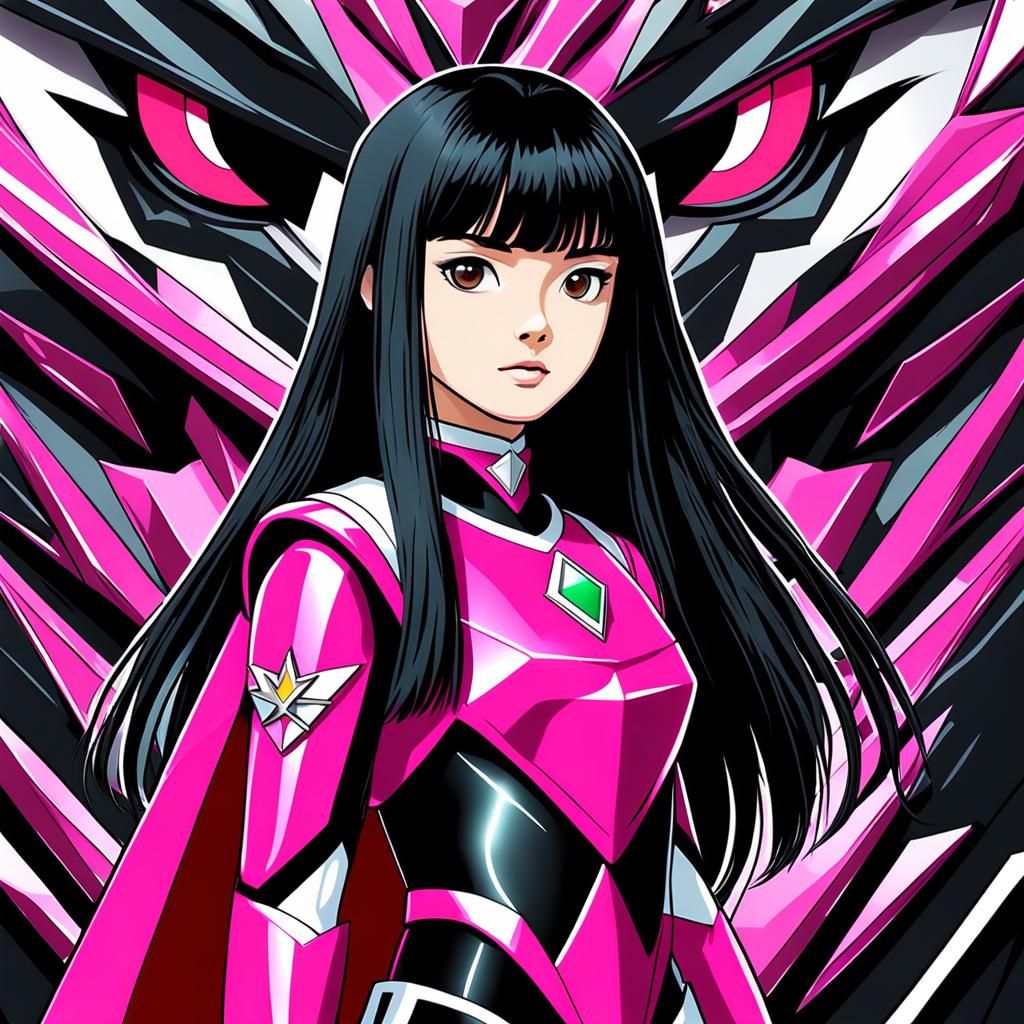 18 year old Vietnamese woman long black hair with bangs as the pink gemstone finch power ranger