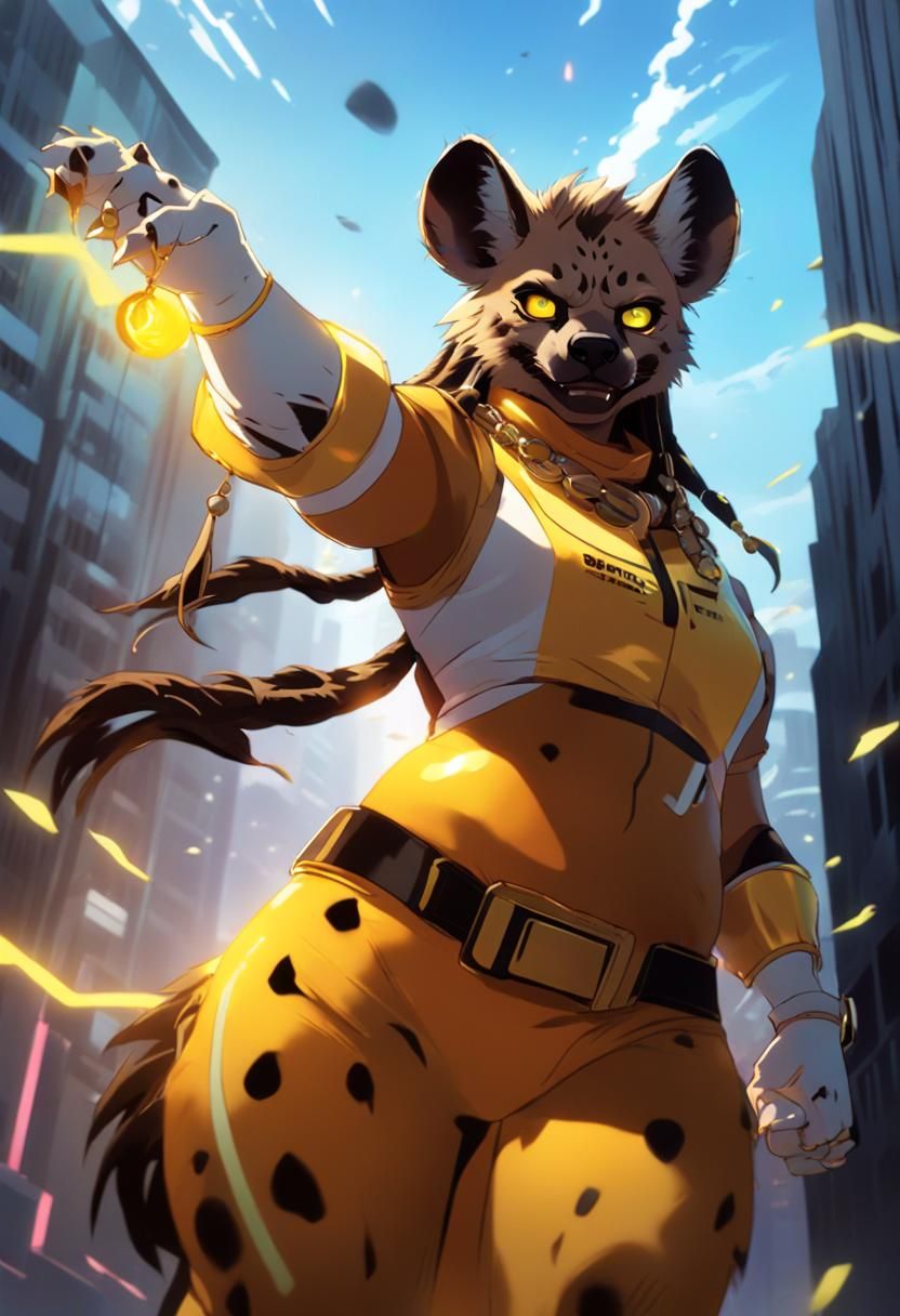 Giant Anthro Hyena Superheroine in Synthwave Style