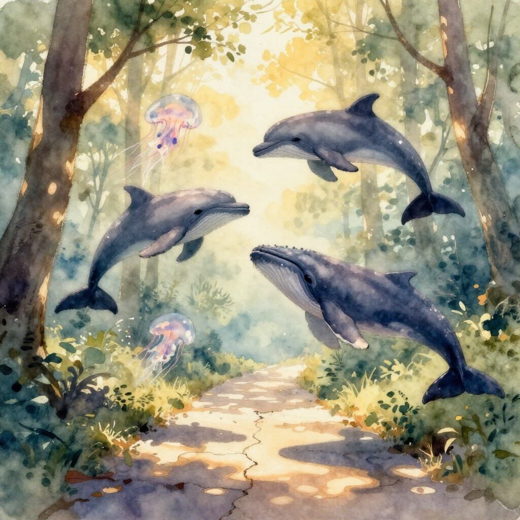 Ethereal Watercolor Forest with Floating Marine Life