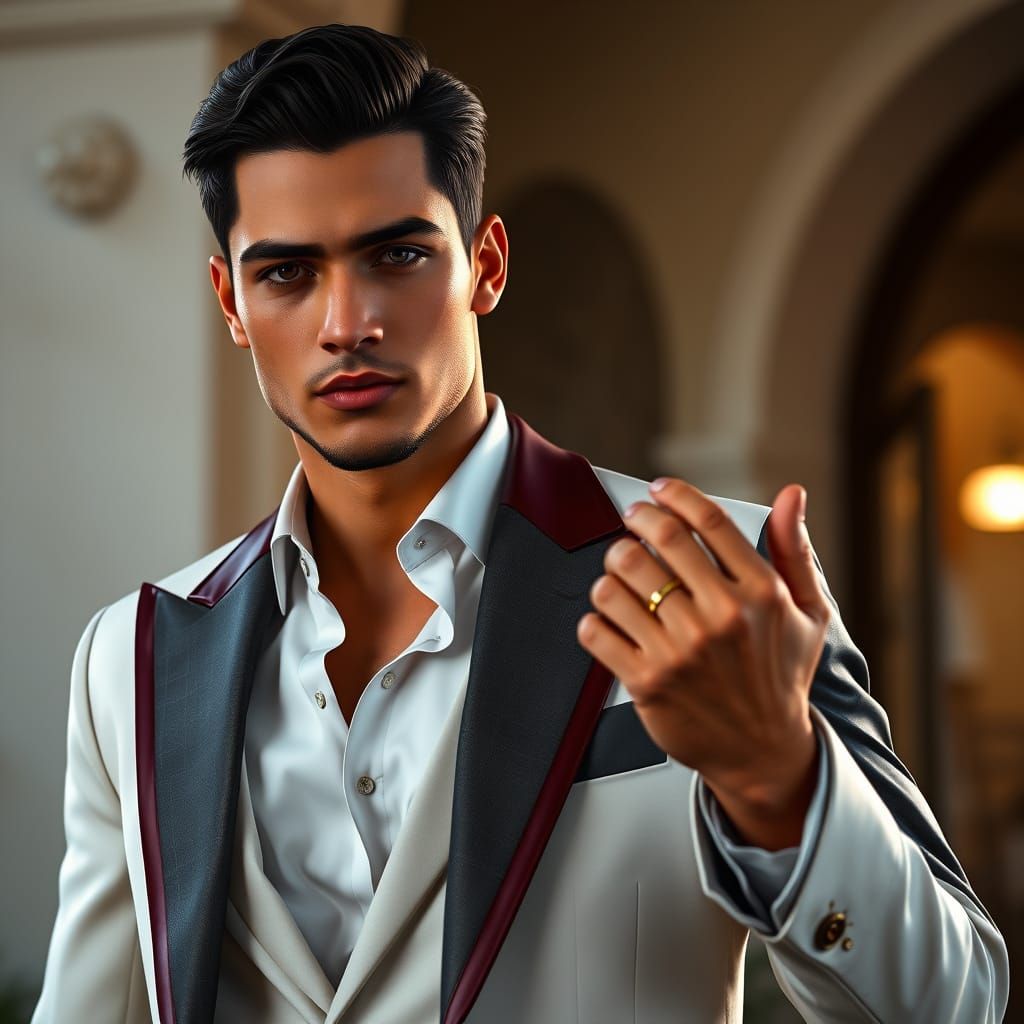Mestizo Man in White Tuxedo: Hyperdetailed Portrait