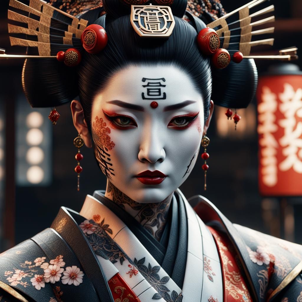 Robotic Geisha with Kanji Tattoos: Cinematic Photo