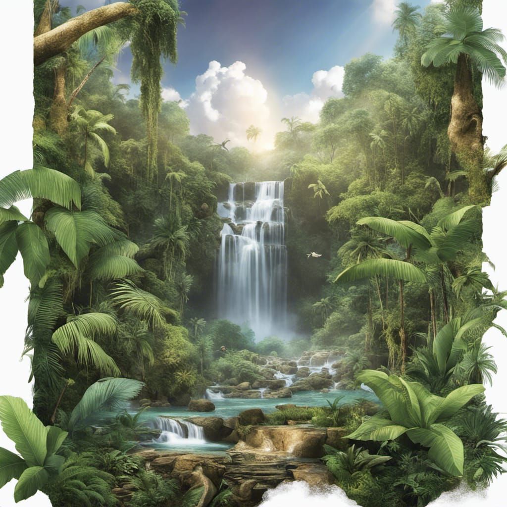 Lush Tropical Rainforest with Cascading Waterfalls