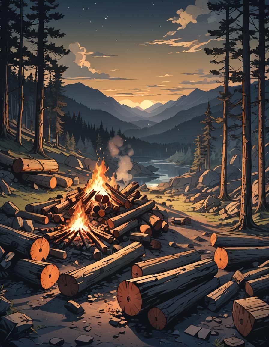 Campfire Night in the Mountains: Anime Cel-Shaded Art