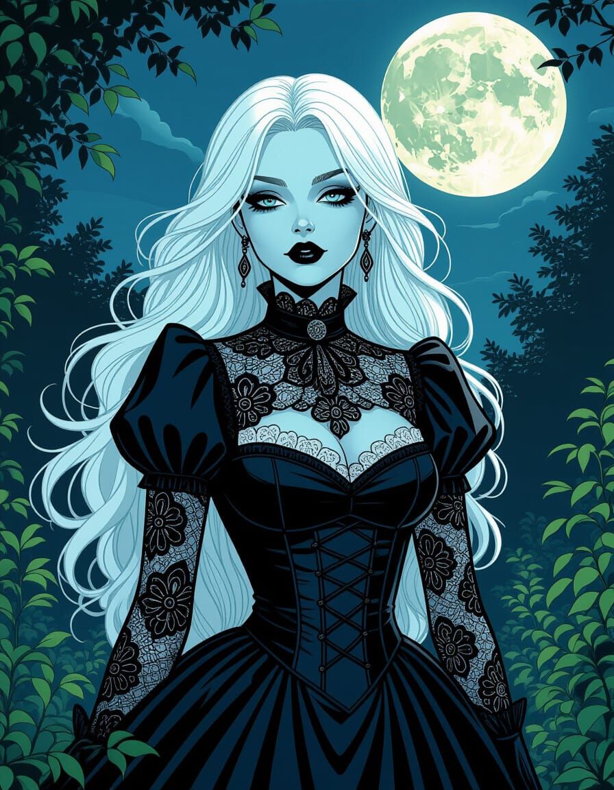 Goth Girl in Moonlit Victorian Garden