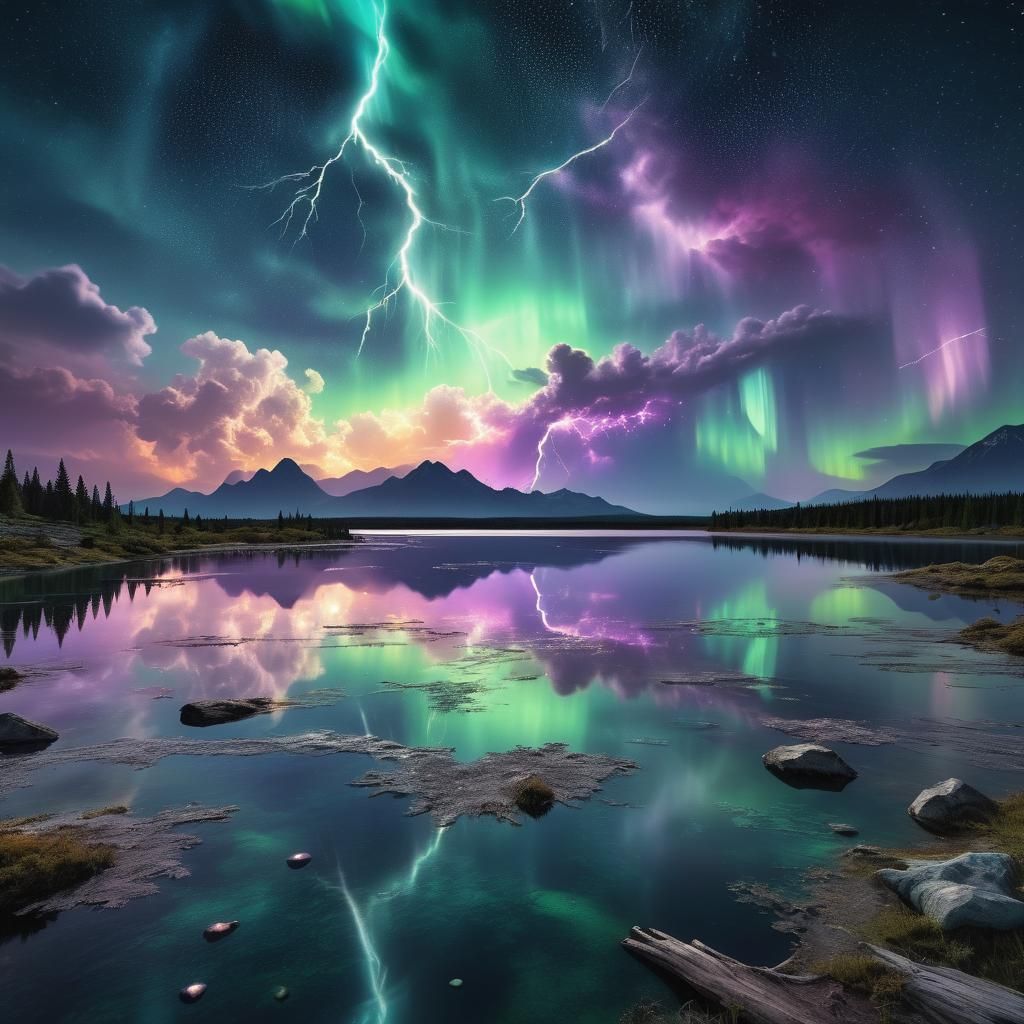 Cosmic Moonlit Lake with Aurora Dust