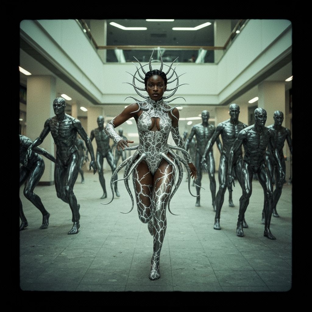 Woman Fleeing Metallic Creatures in Futuristic Mall