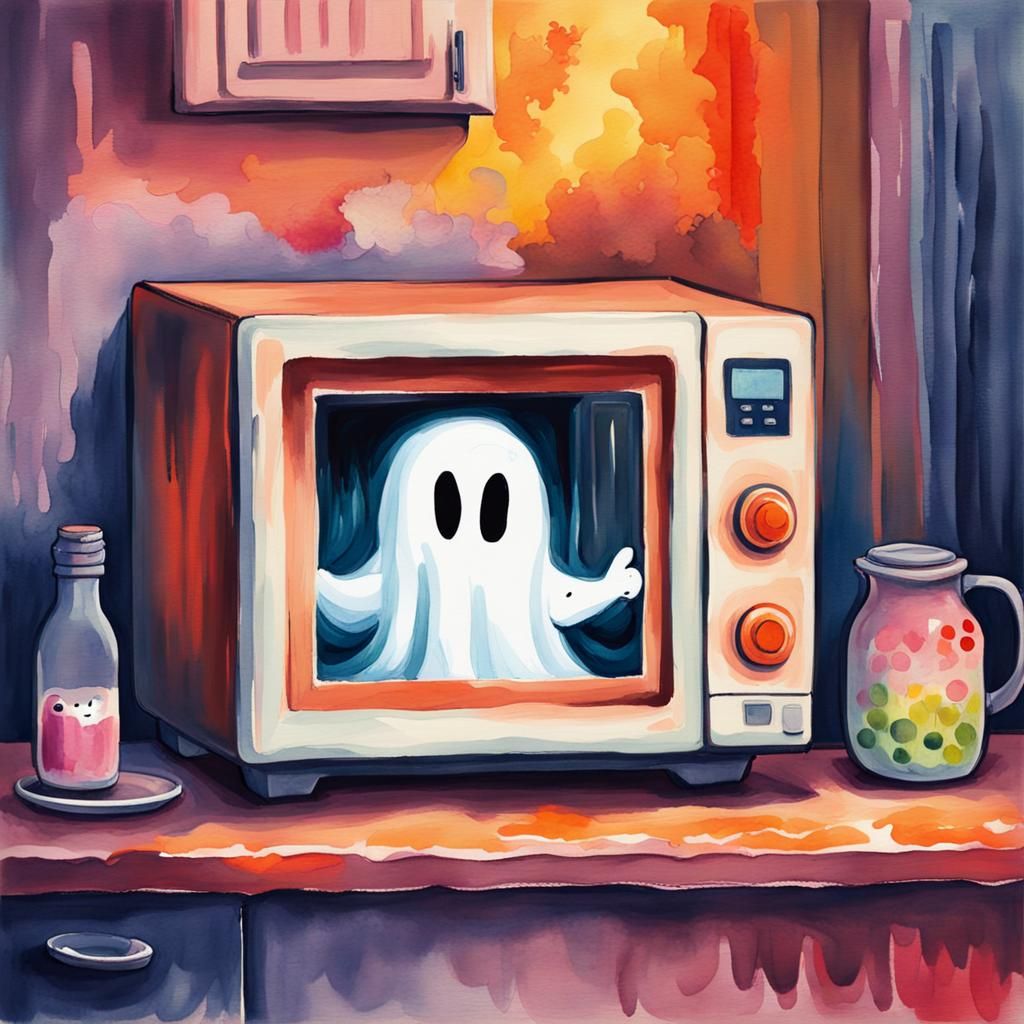 Kawaii Ghost in Microwave: Gouache Watercolor Painting