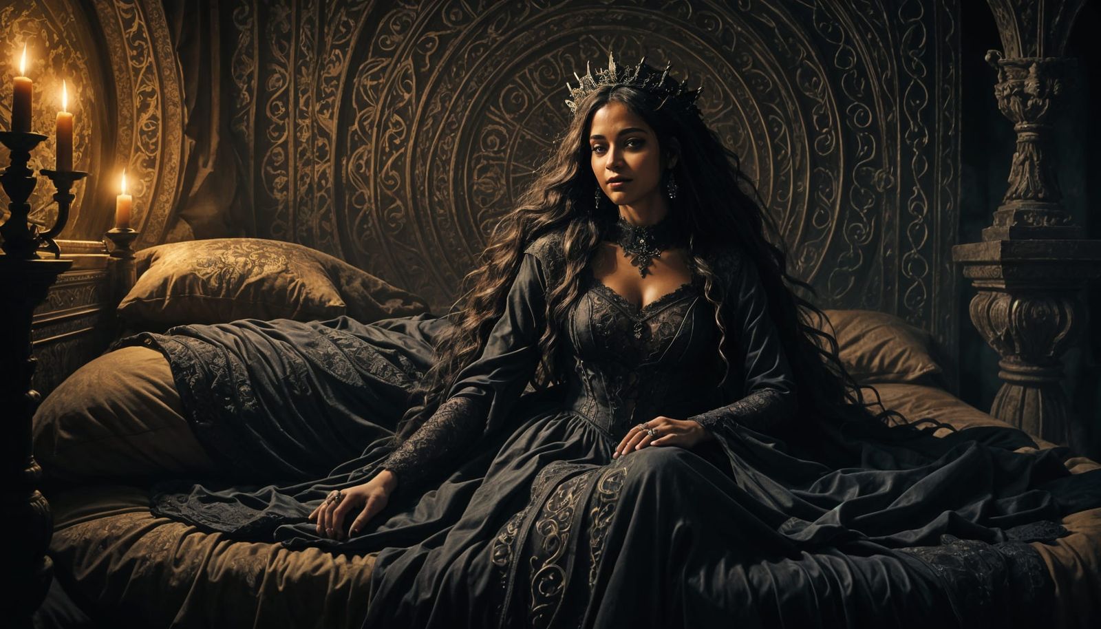 Eerie Elegance: Gothic Woman in Dark Fantasy Setting