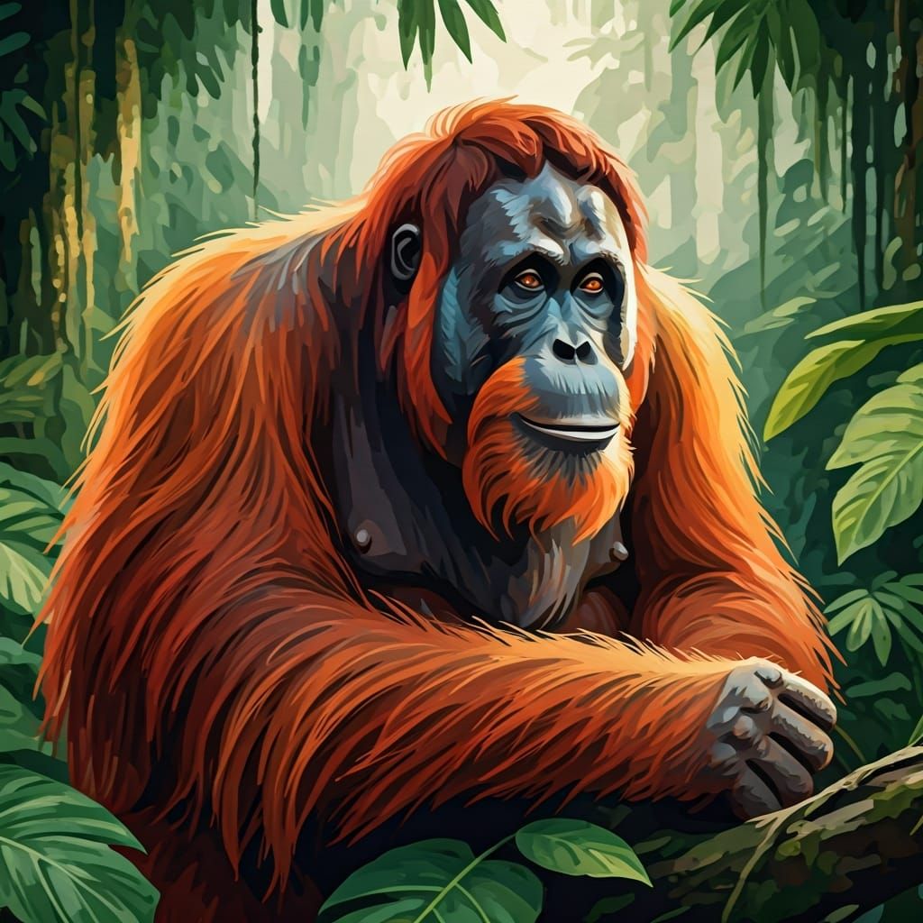 Orangutan in Jungle: Gouache and Watercolor Impression