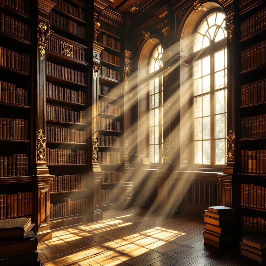 Sunlit Ancient Library Interior in Surreal Style