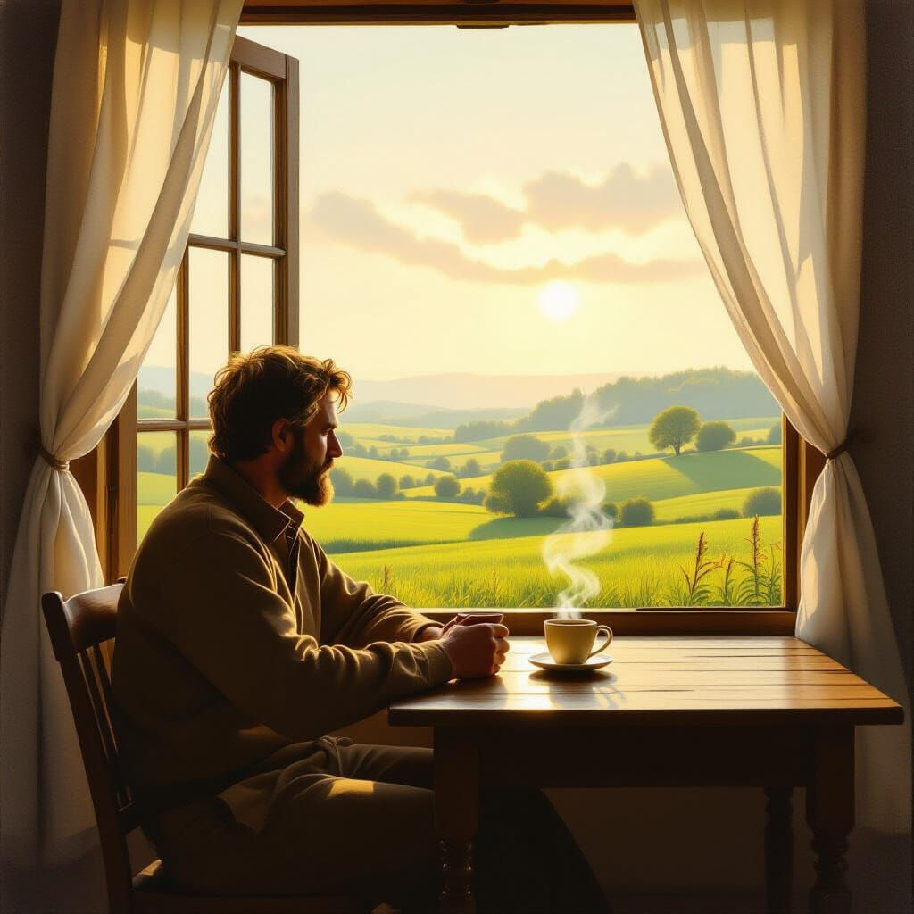 Man Enjoying Morning Coffee in Rural Landscape