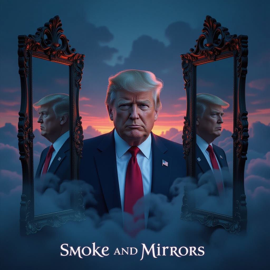 A translucent Donald Trump emerges between mirrors from the ...