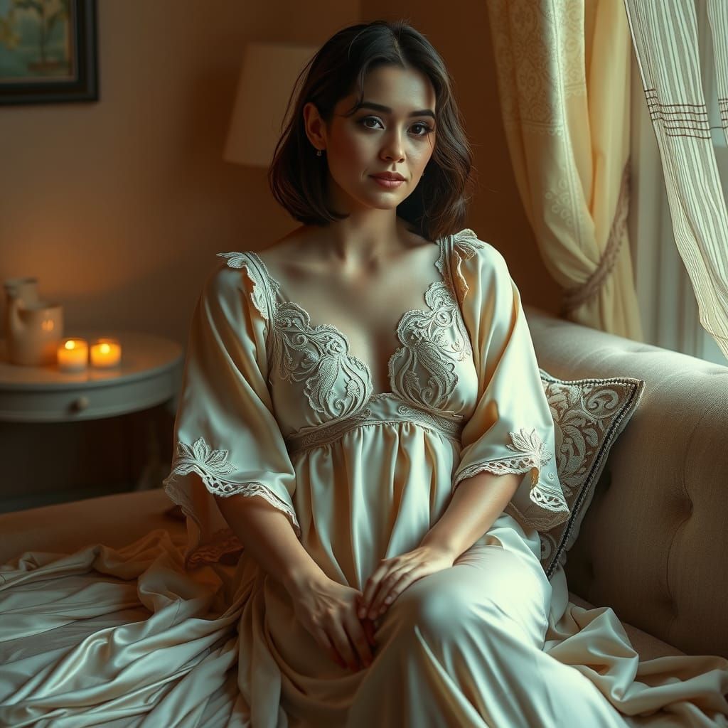 Elegant Woman in a Dreamy, Art Nouveau-Inspired Nightgown