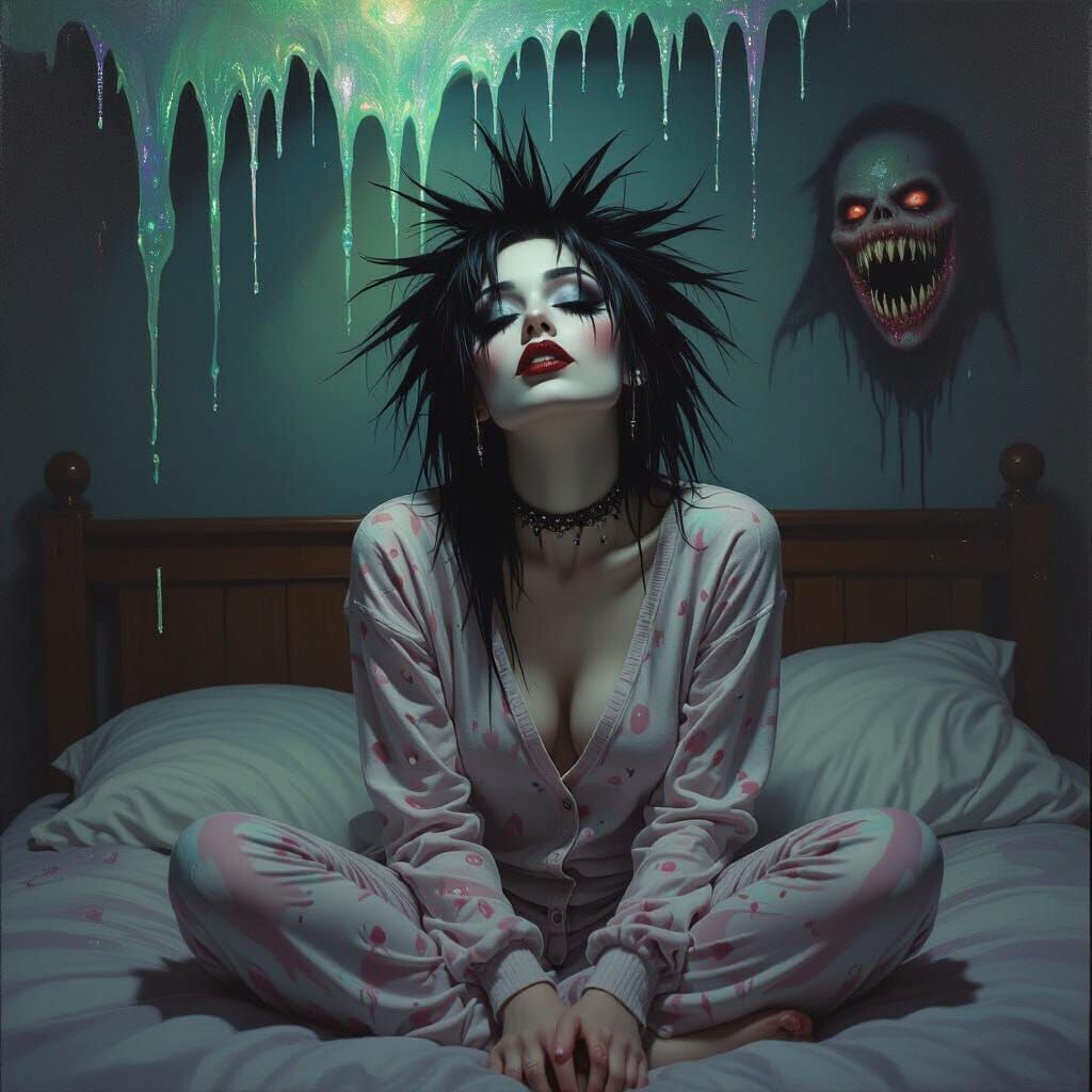 Gothic Woman on Bed with Eerie Apparition