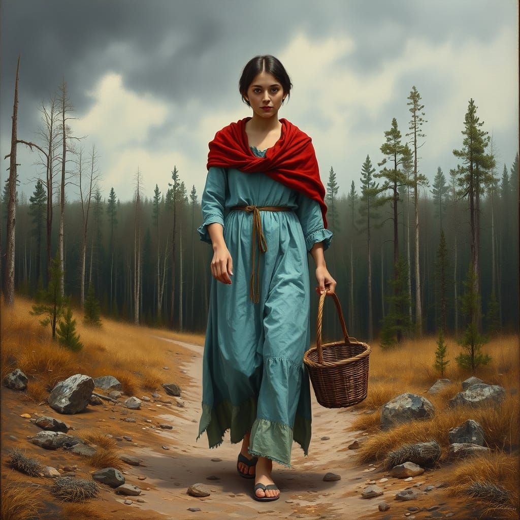 Young Woman in Winter Forest, Oil Painting Style