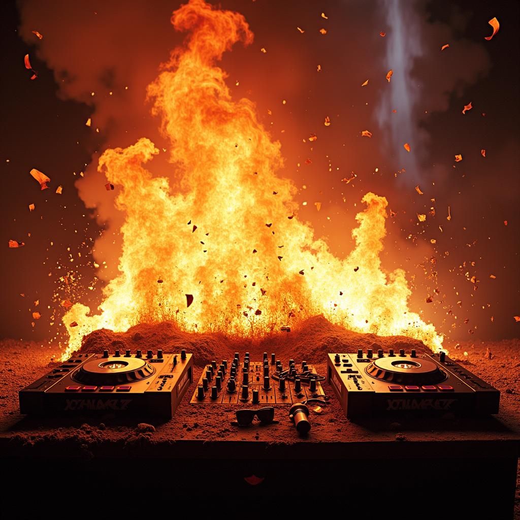 Burning DJ Equipment Explosion in Concert Hall