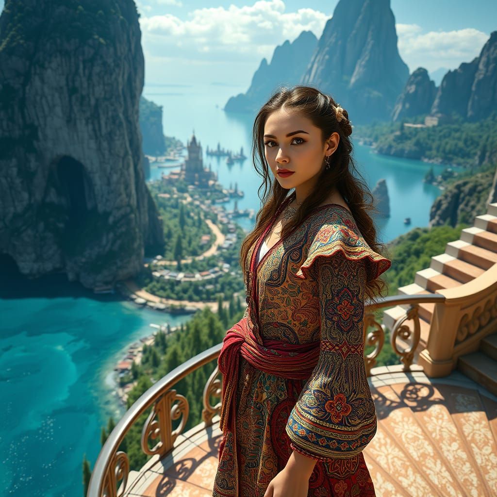 Elegant Adventurer on Grand Staircase in Hyperreal Landscape