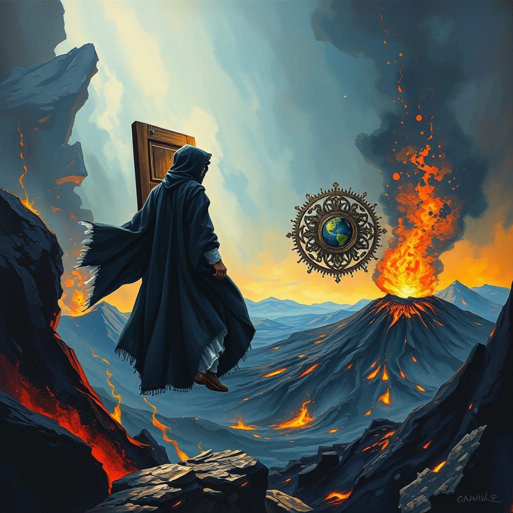 Fantasy Portal with Cloaked Figure in Expressionist Style