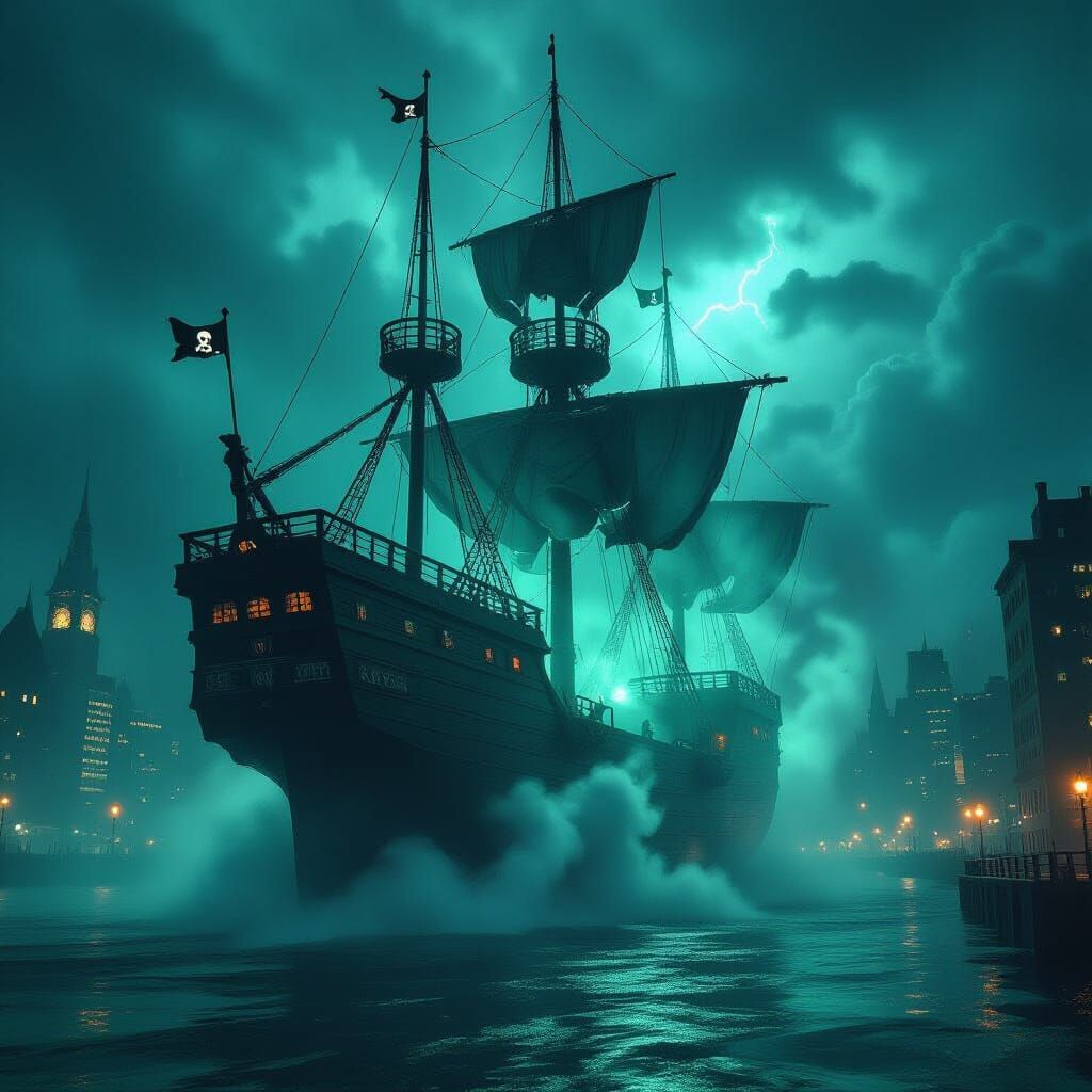 Ghost Pirate Ship Soaring Through Apocalyptic City