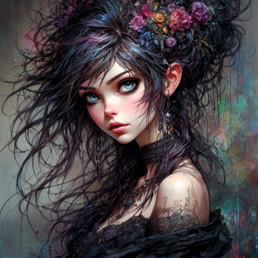 Gothic Anime Princess Portrait in Watercolor Manga Style