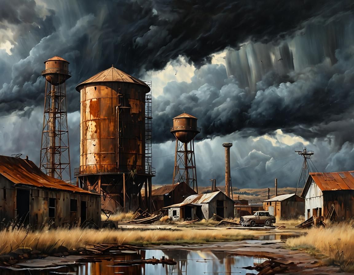 Ominous Water Tower Oil Painting