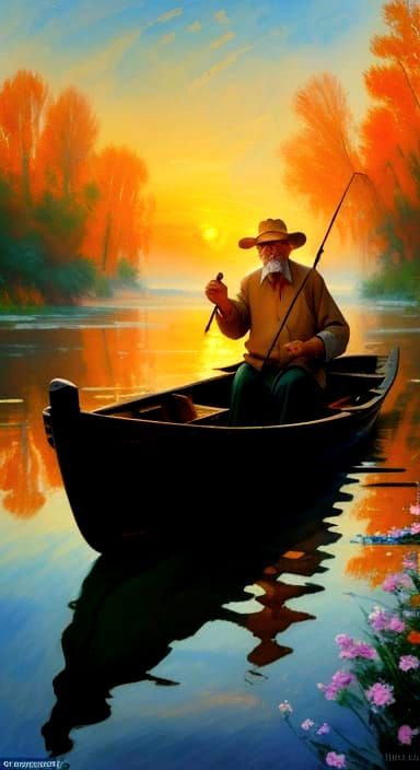 Impressionist River Scene with Fisherman in Watercolor