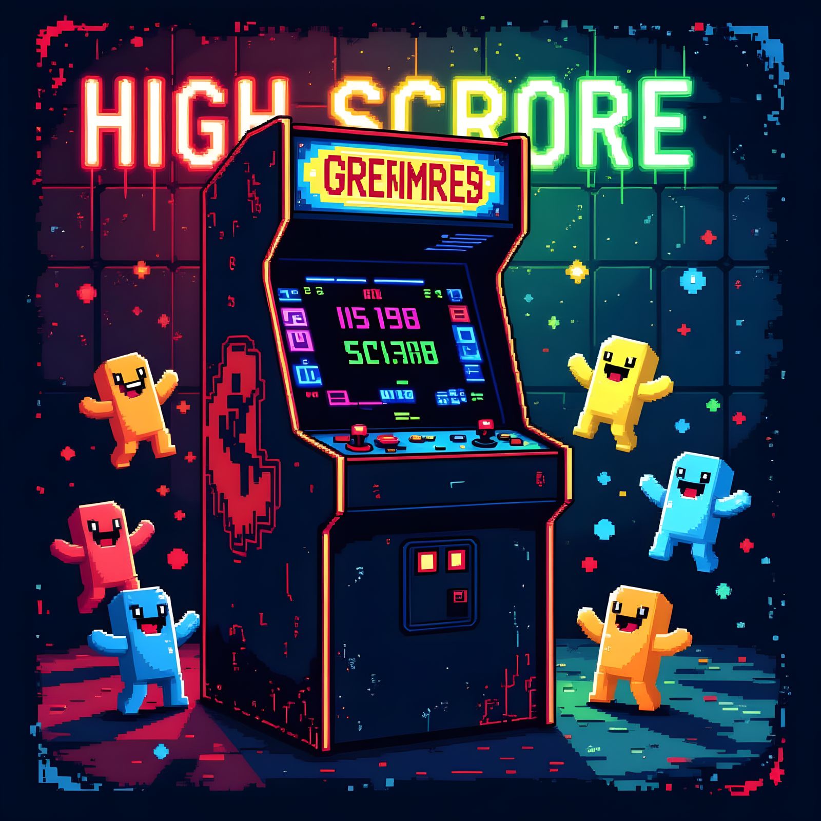 8-Bit Arcade Cabinet with Neon 'High Score'