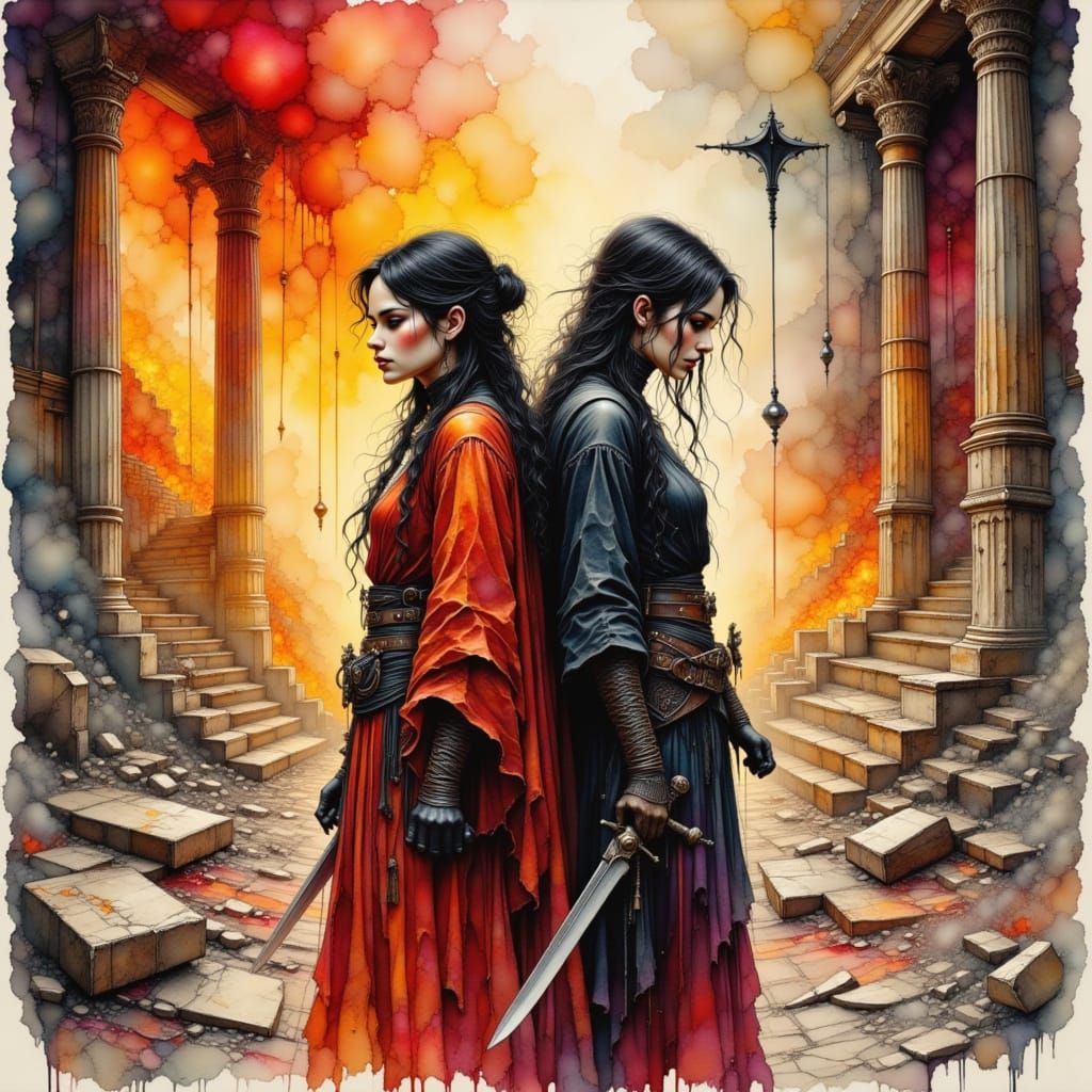 Elara and Seraphine Battle Vampires in Burning Courthouse