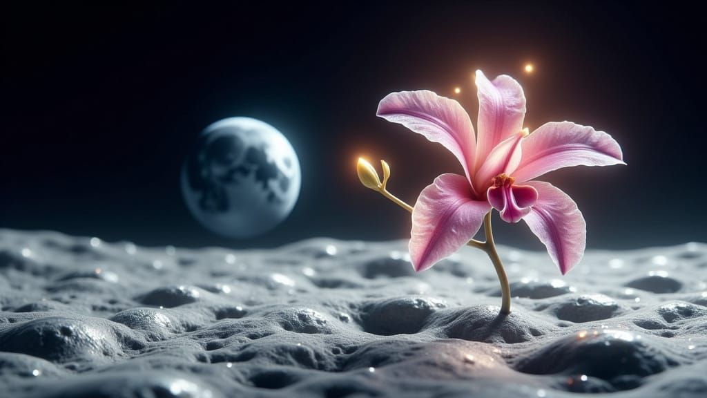 Orchid Bloom on the Moon, Hyperrealistic Image