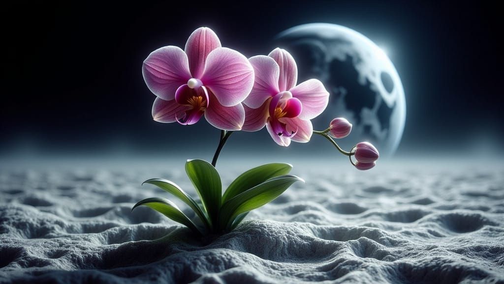 Orchid Blooming on the Moon, Hyperrealistic Lunar Scene