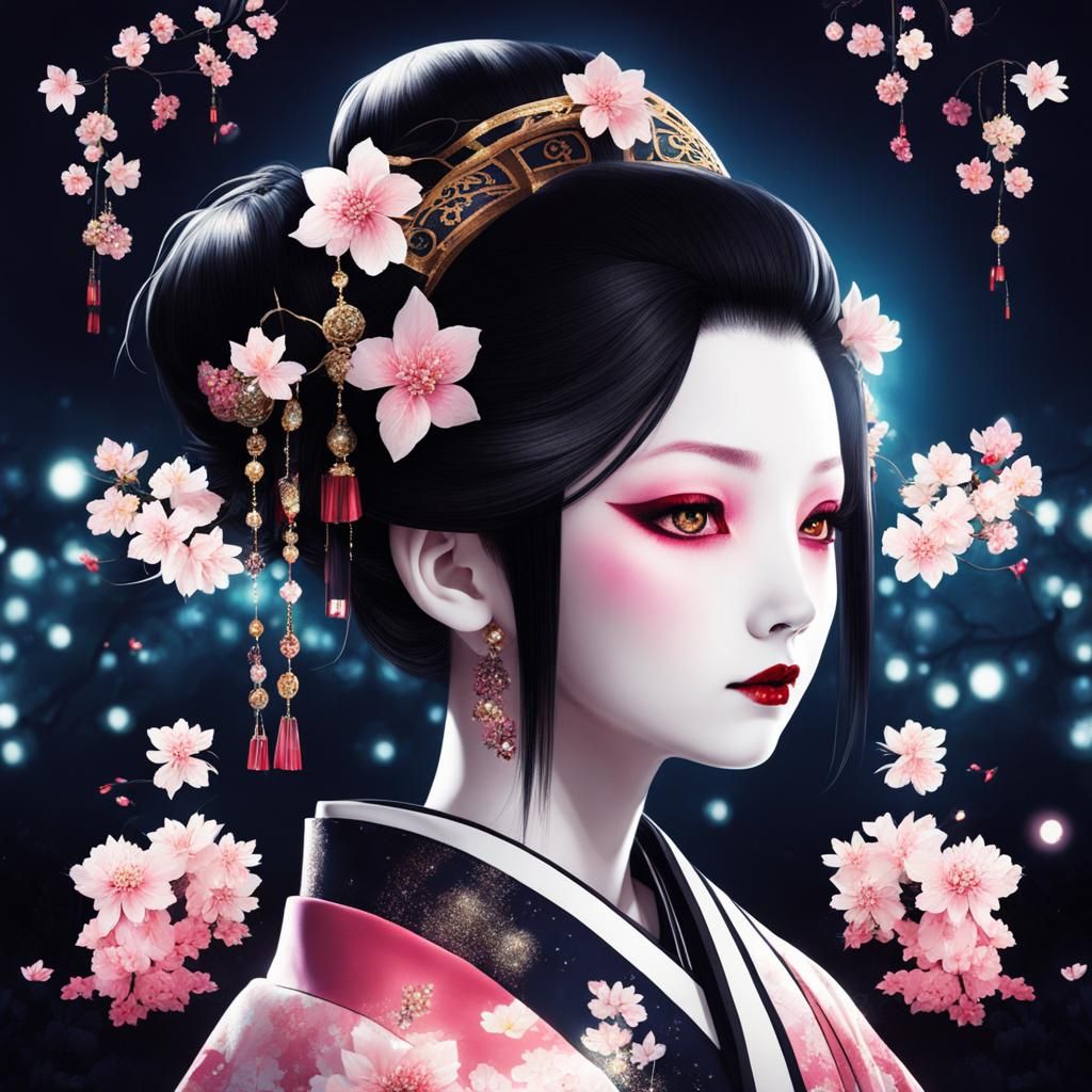 Gothic Girl with Sakura and Hannya Mask