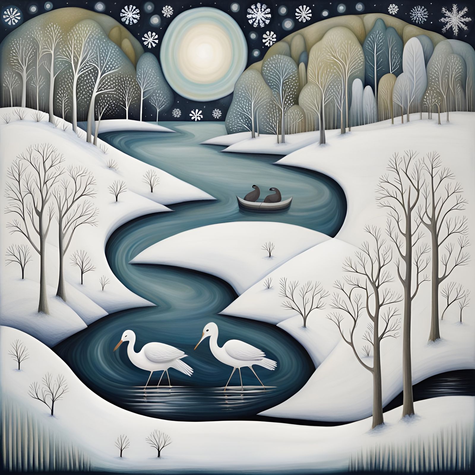 Snowy Riverscape in Art Brut Style