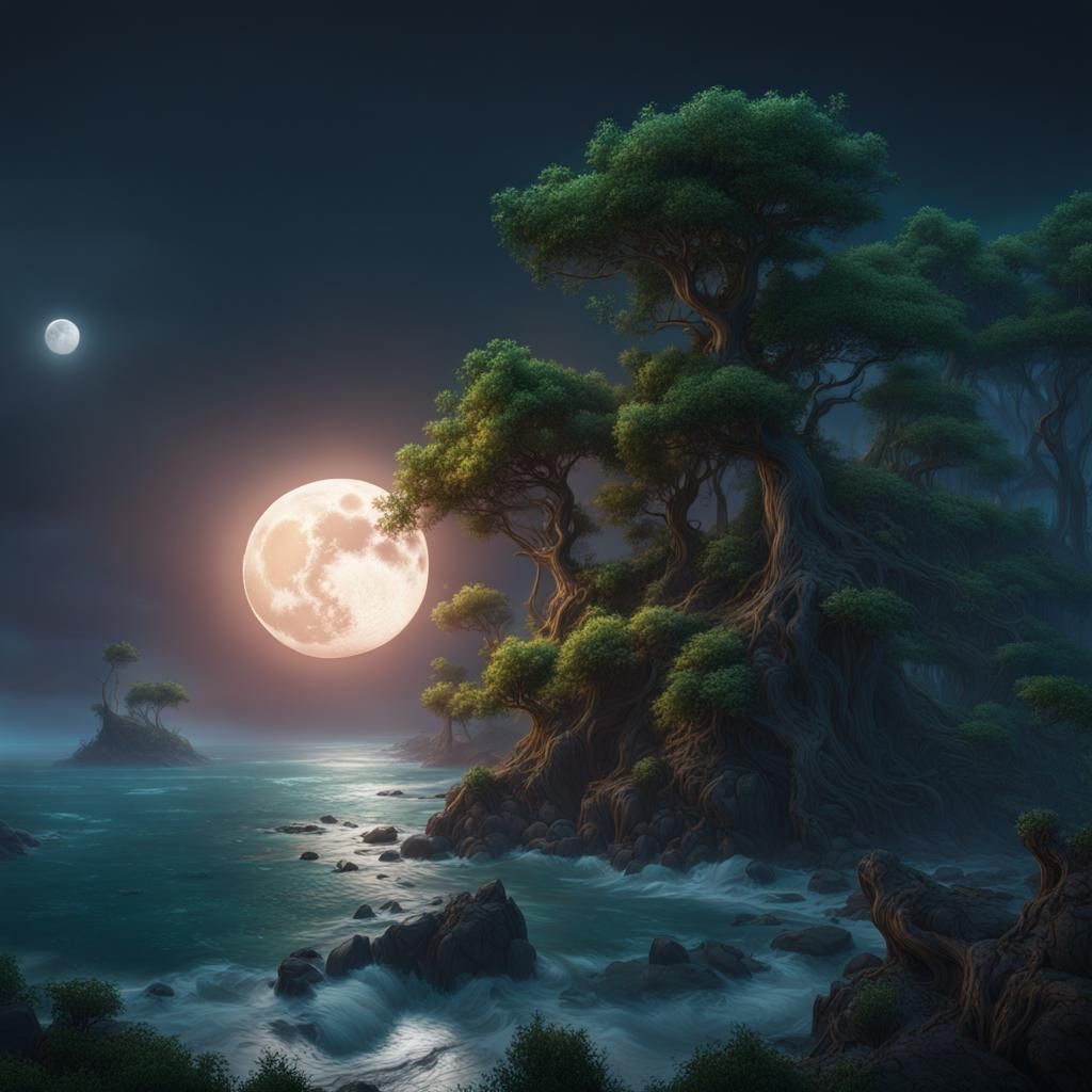 Vibrant Full Moon Over Forest and Ocean