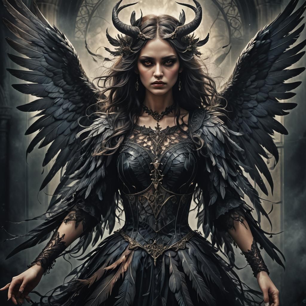 Gothic Black Winged Angel in Feathered Dress