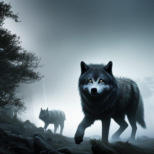 Dark Fantasy Warrior and Wolves in Dense Fog