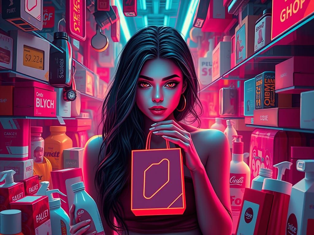 Consumerism Embodied: Futuristic Woman Amid Endless Products