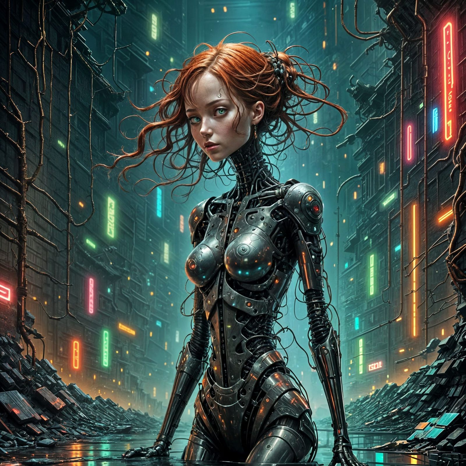 Cyborg Woman Emerges in Futuristic Metropolis