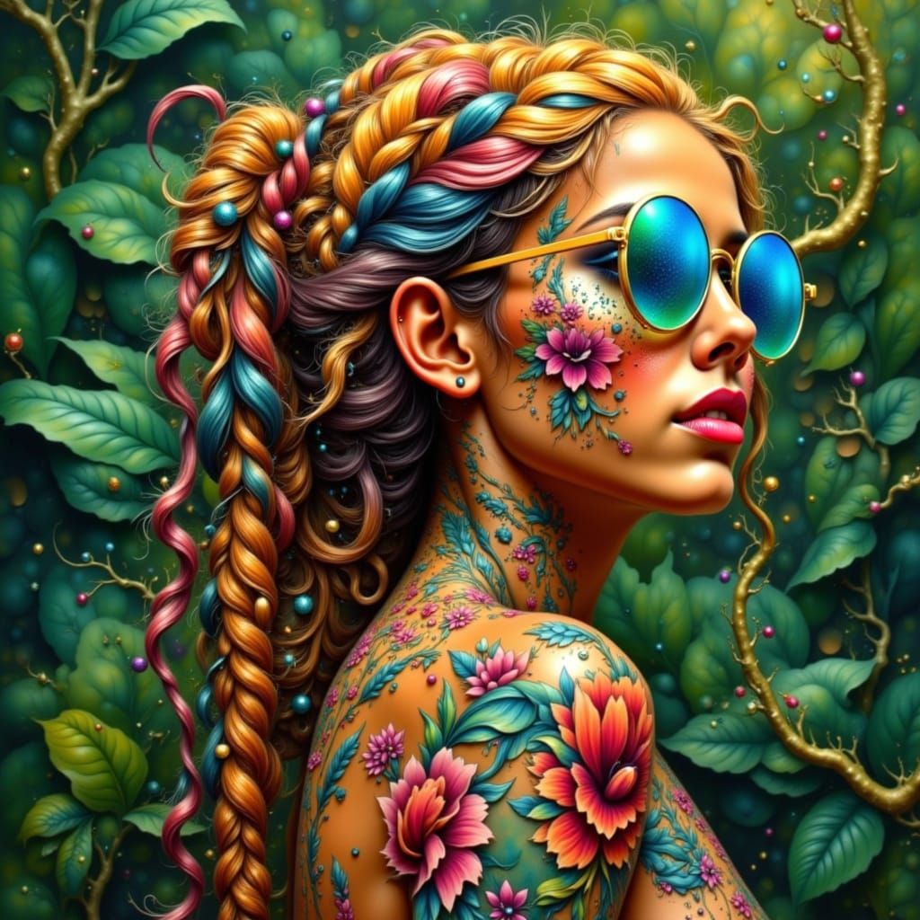 Vibrant Woman with Braided Hair and Floral Tattoos